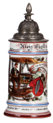 Porcelain stein, .5L, transfer & hand-painted, Occupational Weber [Weaver], pewter lid, excellent pewter strap repair, otherwise mint.  From the Etheridge Collection & pictured in the Occupational Stein Book.
