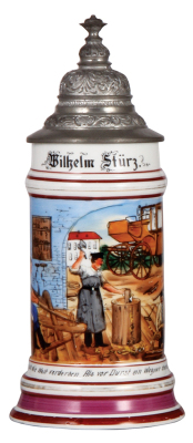 Porcelain stein, .5L, transfer & hand-painted, Occupational Wagner [Wheel Maker], pewter lid, wear to gold bands. From the Etheridge Collection.