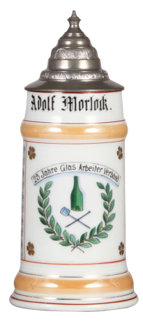 Porcelain stein, .5L, transfer & hand-painted, Occupational Glas Arbeiter Verband [Glass Worker Association], pewter lid, mint.  From the Etheridge Collection & pictured in the Occupational Stein Book.