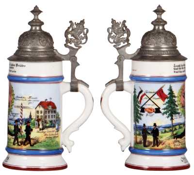 Porcelain stein, .5L, transfer & hand-painted, Occupational Zimmerleute [Carpenter], travelling carpenter, pewter lid, mint. From the Etheridge Collection. - 2