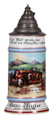 Porcelain stein, .5L, transfer & hand-painted, Occupational Chauffeur [Chauffeur], rare, pewter lid, mint. From the Etheridge Collection.