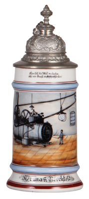 Porcelain stein, .5L, transfer & hand-painted, Occupational Maschinist Ferben [Machinist], rare, pewter lid, mint.  From the Etheridge Collection & pictured in the Occupational Stein Book.