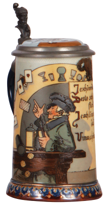 Mettlach stein, .5L, 2090, etched, by H. Schlitt, inlaid lid, minor scratches on inside of pewter rim, otherwise mint.