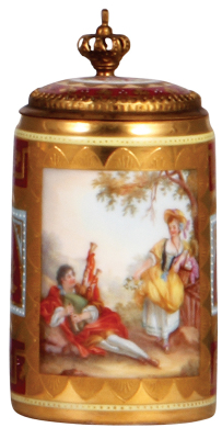 Porcelain stein, .25L, hand-painted, marked with Beehive, Royal Vienna type, porcelain inlaid lid with scene outside, mint.