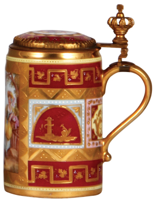 Porcelain stein, .25L, hand-painted, marked with Beehive, Royal Vienna type, porcelain inlaid lid with scene outside, mint. - 2