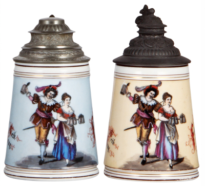 Two porcelain steins, .5L, transfer & hand-painted, colored lithophanes, nude young woman and a young woman, first mint, second has hairlines in lithophane.
