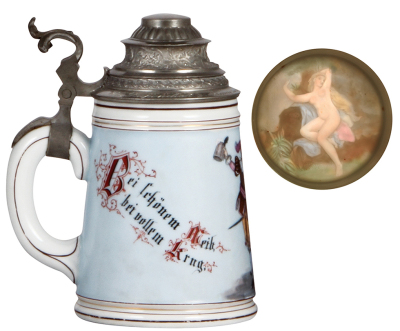 Two porcelain steins, .5L, transfer & hand-painted, colored lithophanes, nude young woman and a young woman, first mint, second has hairlines in lithophane. - 3