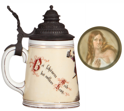 Two porcelain steins, .5L, transfer & hand-painted, colored lithophanes, nude young woman and a young woman, first mint, second has hairlines in lithophane. - 5