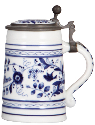 Porcelain stein, .5L, transfer & hand-painted, Faust's Own, porcelain inlaid lid: photograph of Tony Faust, faint lithophane line, mint. - 2