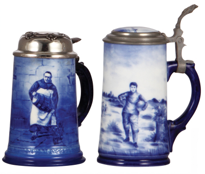 Two porcelain steins, .5L, hand-painted, marked C.A.C. Lenox, Monk, sterling silver lid, good repair of base chips; with, .5L, marked Delft, Rugby game, porcelain inlaid lid, lithophane, mint.