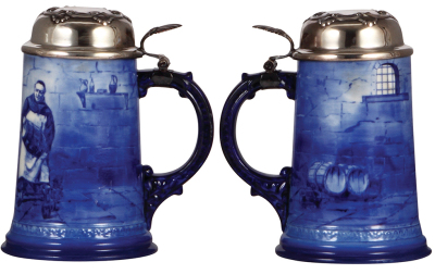 Two porcelain steins, .5L, hand-painted, marked C.A.C. Lenox, Monk, sterling silver lid, good repair of base chips; with, .5L, marked Delft, Rugby game, porcelain inlaid lid, lithophane, mint. - 2