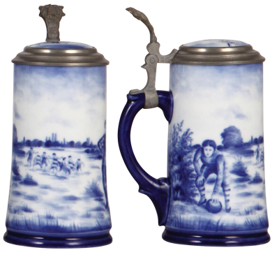 Two porcelain steins, .5L, hand-painted, marked C.A.C. Lenox, Monk, sterling silver lid, good repair of base chips; with, .5L, marked Delft, Rugby game, porcelain inlaid lid, lithophane, mint. - 3