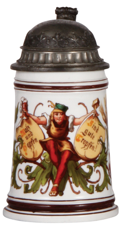 Porcelain stein, .5L, transfer & hand-painted, Nymphenburg, marked J.S. 33, Brewer, pewter lid, mint.