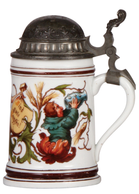 Porcelain stein, .5L, transfer & hand-painted, Nymphenburg, marked J.S. 33, Brewer, pewter lid, mint. - 2