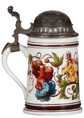 Porcelain stein, .5L, transfer & hand-painted, Nymphenburg, marked J.S. 33, Brewer, pewter lid, mint. - 3