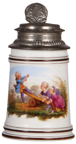 Porcelain stein, .5L, transfer & hand-painted, marked Nymphenburg, children, relief pewter lid: Plauen, mint.