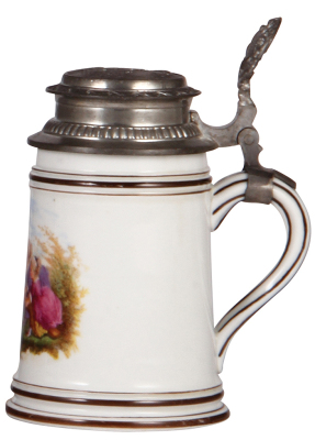 Porcelain stein, .5L, transfer & hand-painted, marked Nymphenburg, children, relief pewter lid: Plauen, mint. - 2