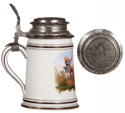 Porcelain stein, .5L, transfer & hand-painted, marked Nymphenburg, children, relief pewter lid: Plauen, mint. - 3