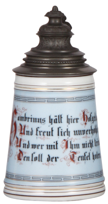 Porcelain stein, .5L, transfer & hand-painted, verse, colored lithophane: old woman, pewter lid, mint.