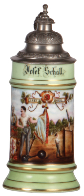 Porcelain stein, .5L, transfer & hand-painted, Frei Heil, weightlifter, pewter lid, pewter tear, body mint.