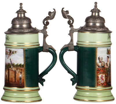 Porcelain stein, .5L, transfer & hand-painted, Frei Heil, weightlifter, pewter lid, pewter tear, body mint. - 2