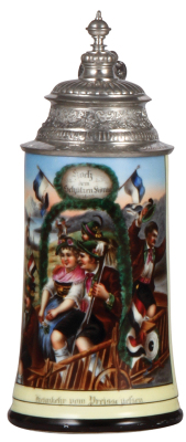 Porcelain stein, .5L, transfer and hand-painted, Hoch dem Schützenkönig, pewter lid, lithophane, flake on top rim, otherwise mint.