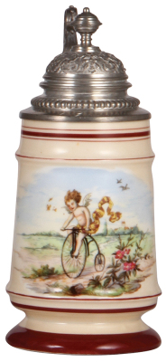 Porcelain stein, .5L, transfer, angel on a high-wheel bicycle, scratches on lower band re-painted.