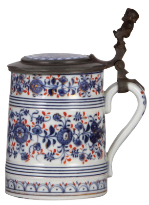 Porcelain stein, .5L, hand-painted, marked Schney, matching inlaid lid, pewter lid, mint. - 2