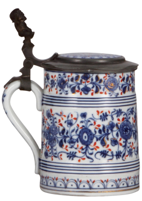 Porcelain stein, .5L, hand-painted, marked Schney, matching inlaid lid, pewter lid, mint. - 3