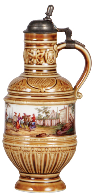Porcelain stein, 11.8” ht., transfer and hand-painted, marked with scepter [Königliche Porzellan-Manufaktur Berlin], festive scene around body, pewter lid, pewter strap repaired, body mint.