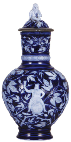 Porcelain stein, 3.0L, 16.0" ht., relief & hand-painted, Gambrinus, gnome finial on inlaid lid, mint.&nbsp;