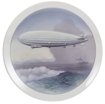 Porcelain plaque, 8.6" d., relief & hand-painted, marked Rosenthal, Zeppelin & ship on ocean, rare, mint.