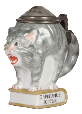 Character stein, .5L, porcelain, Cat on Book, by E. Bohne & Söhne, mint.