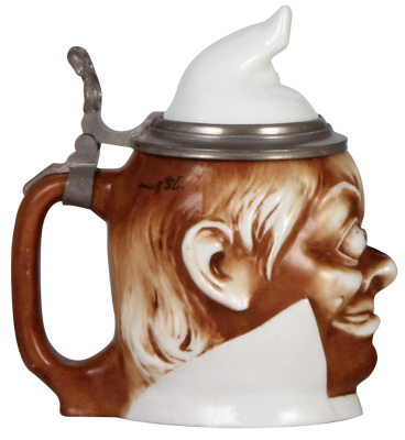 Character stein, .5L, porcelain, marked E. Bohne Söhne, Man with Bug, mint. - 3