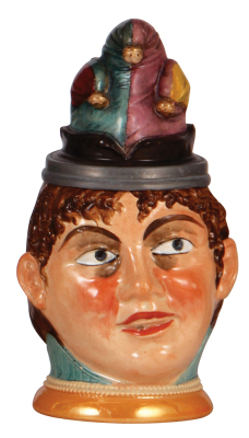 Character stein, .5L, pottery, by Diesinger, 702, Woman with Fasching Hat, flake on handle.