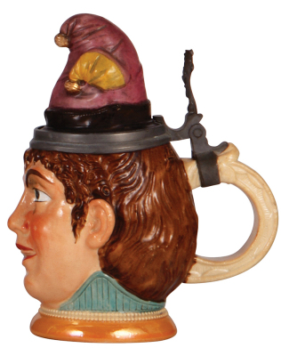 Character stein, .5L, pottery, by Diesinger, 702, Woman with Fasching Hat, flake on handle. - 2