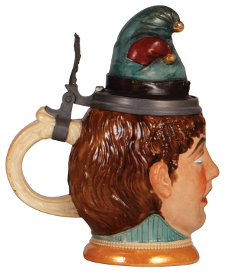 Character stein, .5L, pottery, by Diesinger, 702, Woman with Fasching Hat, flake on handle. - 3