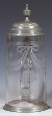 Glass stein, 1.0L, blown, clear, early 1800s, wheel-engraved, pewter lid & base ring, mint. 