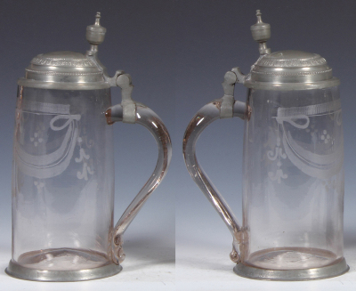 Glass stein, 1.0L, blown, clear, early 1800s, wheel-engraved, pewter lid & base ring, mint.  - 2