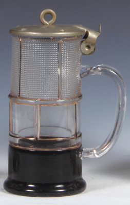 Character stein, .5L, pressed glass, marked Ges. Gesch., Miner’s Lantern, metal lid, mint. - 2