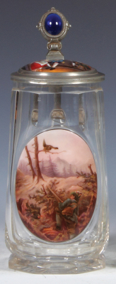 Glass stein, .5L, blown, faceted, hand-painted hunting scene: excellent quality, porcelain inlaid lid: hunters, mint.