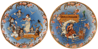 Pair Mettlach plaques, 16.2'' d., 2148 & 2149, etched, design by H. Schlitt, Schneewittchen & Papageno, gold wear, otherwise mint.