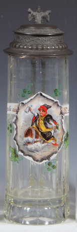 Glass stein, .5L, pressed, transfer decoration, Gruss aus München, pewter lid, slight wear.