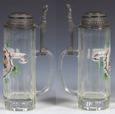 Glass stein, .5L, pressed, transfer decoration, Gruss aus München, pewter lid, slight wear. - 2