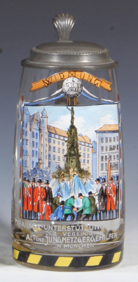 Glass stein, 1.0L, blown, enameled, Kranken - Unterstützungsverein Der Vereinigten Alt und Jungmetzgergehilfen in München, pewter lid, mint.