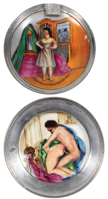 Glass stein, .4L, mold blown, porcelain inlaid lid, inside & outside erotic scenes, mint. - 4