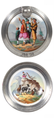 Glass stein, .5L, pressed, porcelain inlaid lid, two scenes: woman on large rock, surrounded by animals & four people viewing from distance, mint. - 4