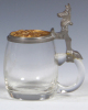 Glass stein, .25L, blown, clear, wheel-engraved, Gruss aus M&uuml;nchen, copper inlaid lid: Gasthaus, pewter strap glued, body mint. - 2