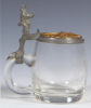 Glass stein, .25L, blown, clear, wheel-engraved, Gruss aus M&uuml;nchen, copper inlaid lid: Gasthaus, pewter strap glued, body mint. - 3