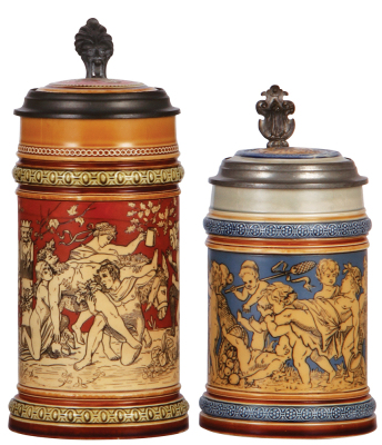 Two Mettlach steins, 1.0L, 2035, etched, inlaid lid, mint; with, .5L, 2025, etched, inlaid lid, mint.
